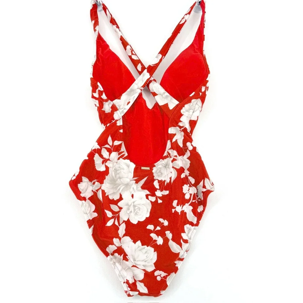 L'AGENCE Lisa Ikebana Floral Belted One Piece Swimsuit Red M - Picture 4 of 16
